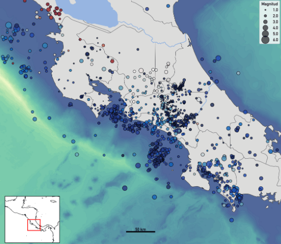 Mapa-sismico-abril Pérez Zeledón, Garabito y Bahía Ballena fueron las zonas más sísmicas en abril