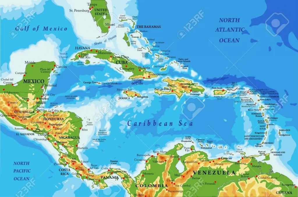 Mapa fisico Centroamerica Caribe