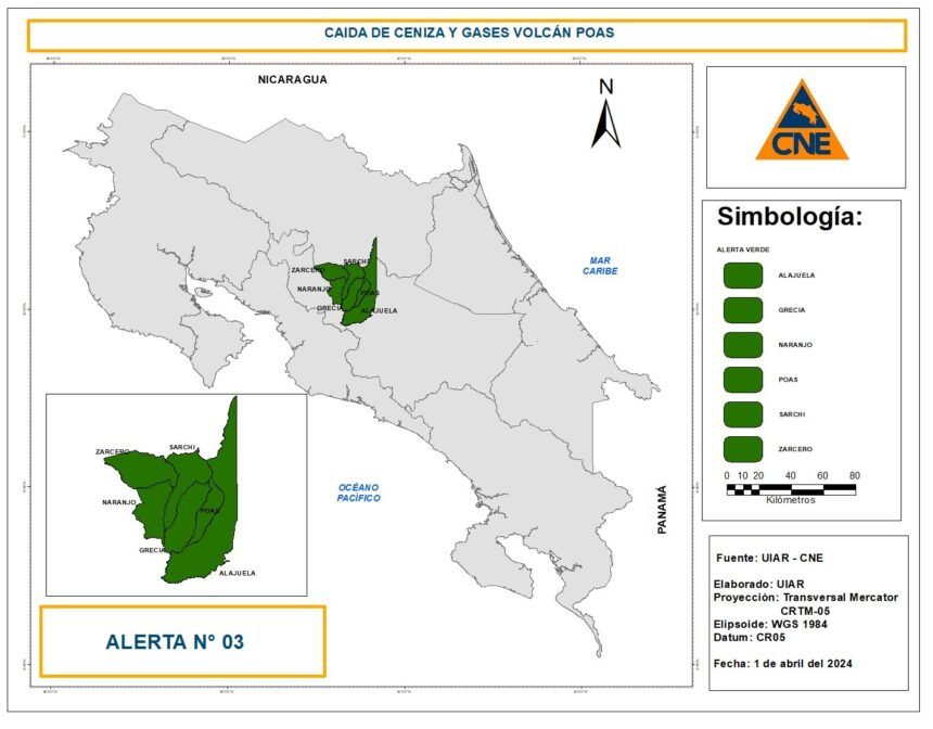 Caída de ceniza y gases del volcán Poás provocan alerta verde para Alajuela y algunos cantones de Occidente