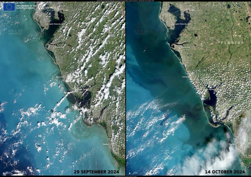 La costa oeste de Florida antes y después del paso del huracán Milton desde el espacio