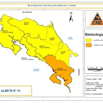 Alerta naranja para el Pacífico Sur ante influencia de un Sistema de Baja Presión en el Caribe que provoca precipitaciones intensas