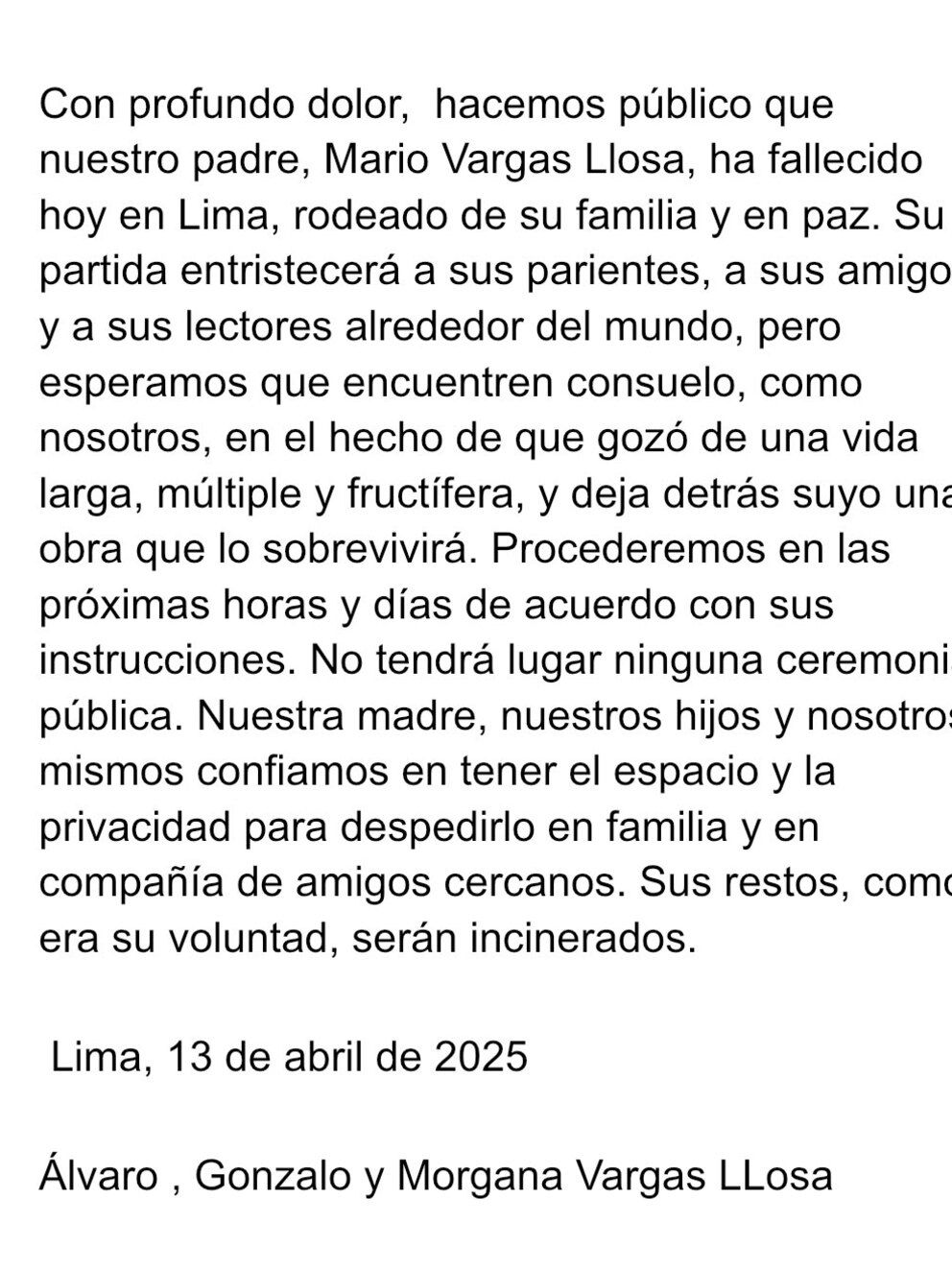 Muerte de Mario Vargas Llosa