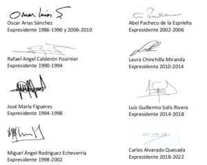 Todos los expresidentes de Costa Rica levantan la voz contra campaña de desprestigio a la democracia costarricense ceñida por Chaves y un congresista republicano 9 firmas expresidentes
