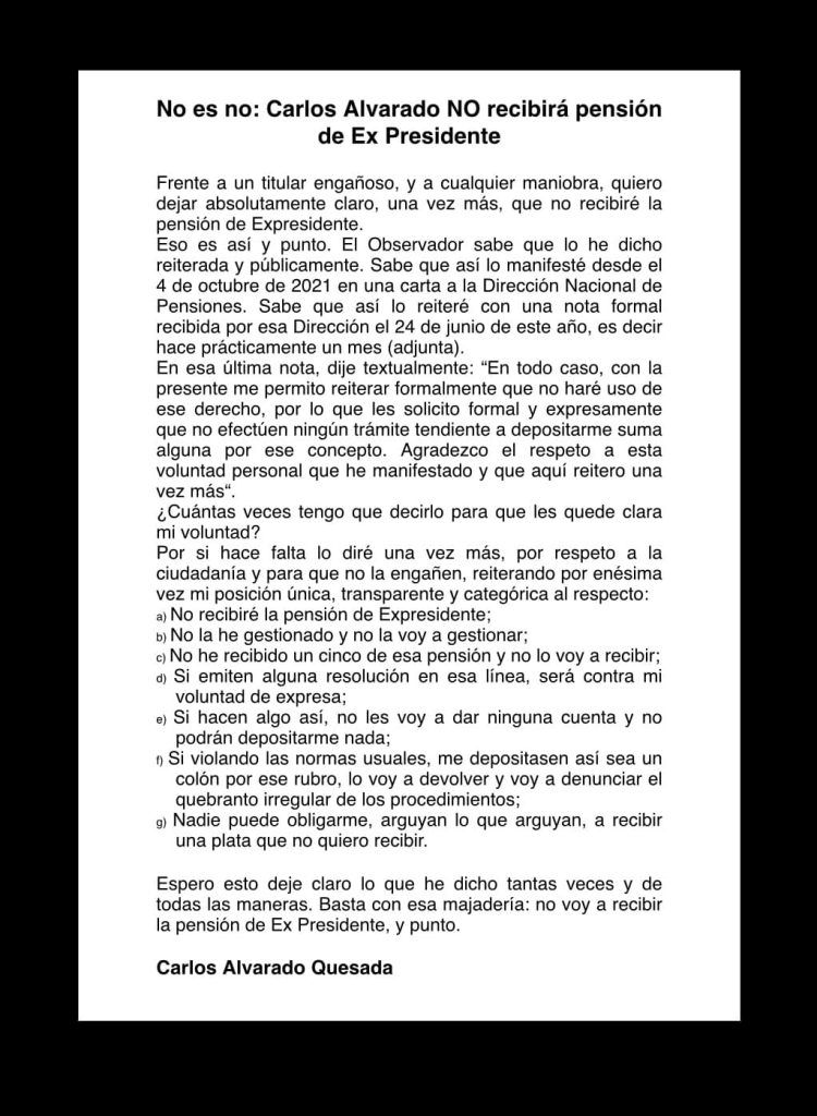Alvarado sobre pensión: NO la voy a recibir y punto.