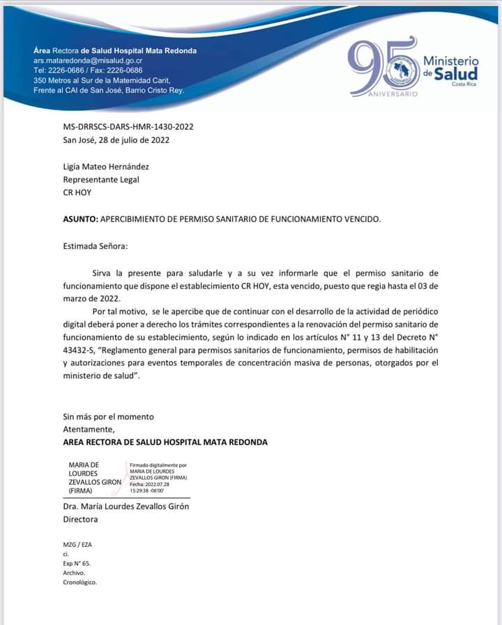 Ultimátum a CRHoy por permiso sanitario de funcionamiento.
