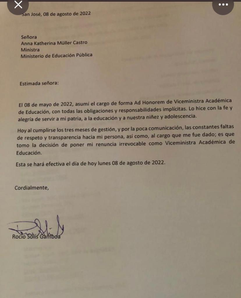 Viceministra del MEP renunció por faltas de respeto y poca comunicación.