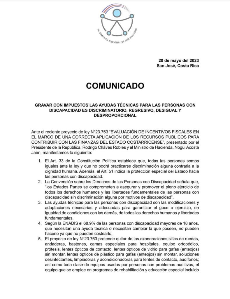 Proyecto de Chaves elimina exoneración a sillas de ruedas y demás implementos de discapacidad.
