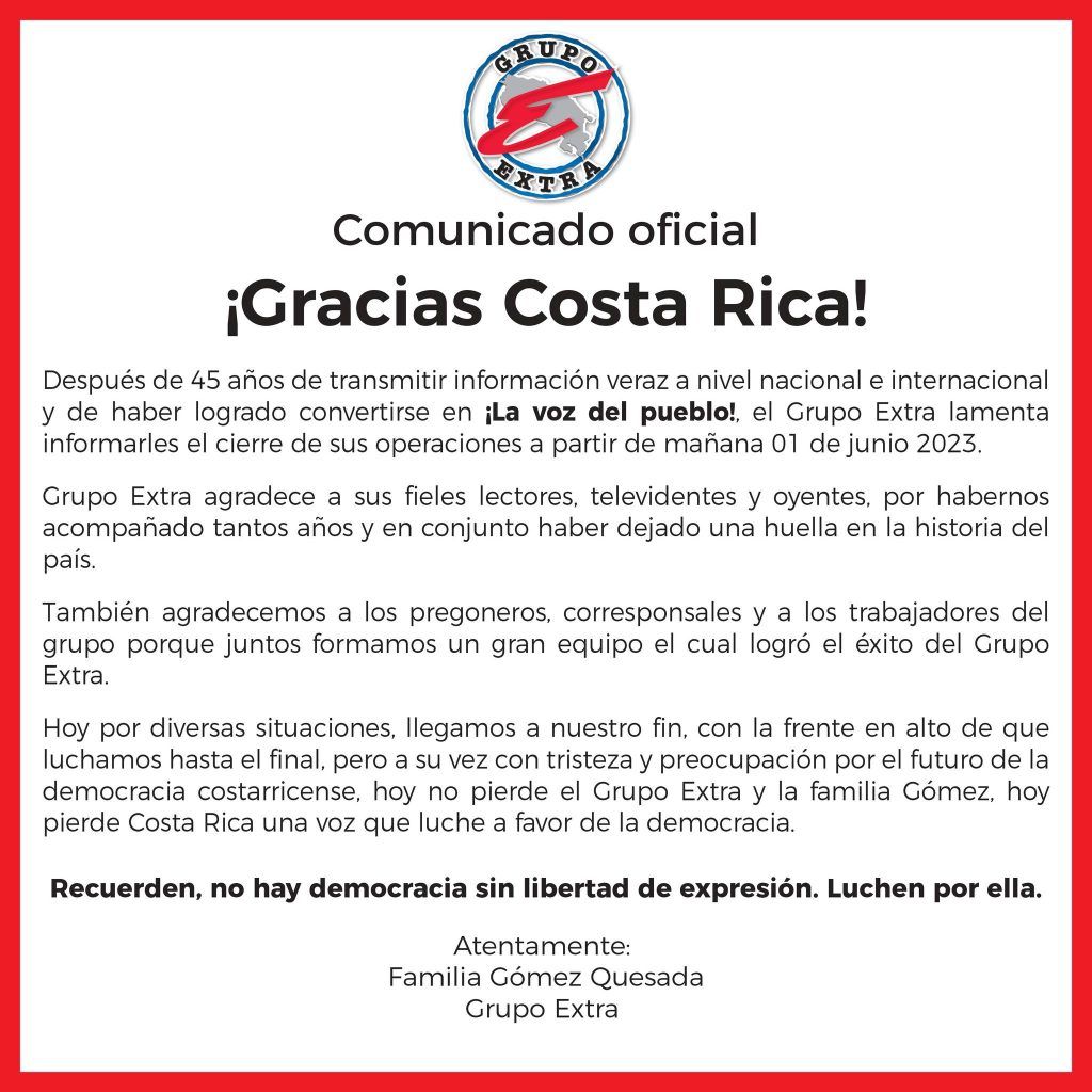 Grupo Extra cierra operaciones y deja mensaje de preocupación por futuro de la democracia costarricense 7 diario extra